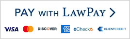 LawPay payment options including Visa, Mastercard, Discover, American Express, eCheck, and ClientCredit, with a 'Pay with LawPay' button. - Maines Legal